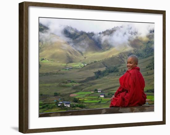 Monk and Farmlands in the Phobjikha Valley, Gangtey Village, Bhutan-Keren Su-Framed Photographic Print