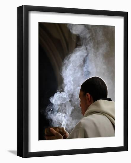 Monk Holding an Incense Bowl During an Ecumenical Celebration, Paris, France, Europe-Godong-Framed Photographic Print