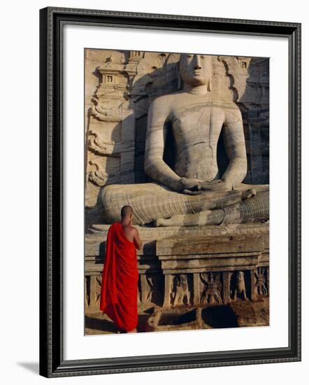 Monk in Front of the Seated Buddha Statue, Gol Vihara, Polonnaruwa, Sri Lanka, Asia-Bruno Morandi-Framed Photographic Print