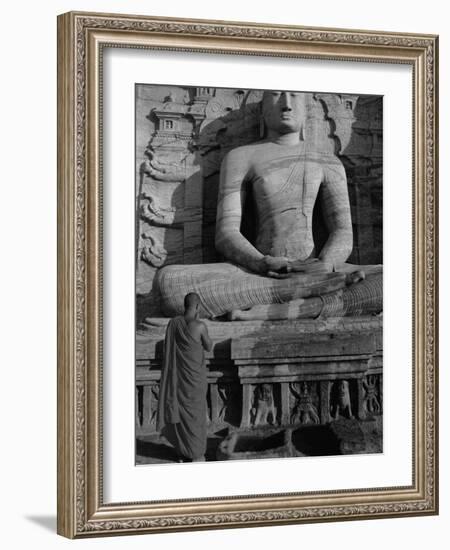 Monk in Front of the Seated Buddha Statue, Gol Vihara, Polonnaruwa, Sri Lanka, Asia-Bruno Morandi-Framed Photographic Print