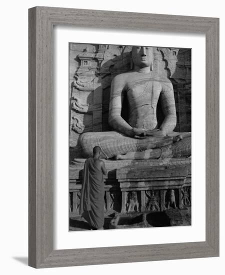 Monk in Front of the Seated Buddha Statue, Gol Vihara, Polonnaruwa, Sri Lanka, Asia-Bruno Morandi-Framed Photographic Print