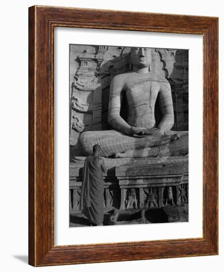 Monk in Front of the Seated Buddha Statue, Gol Vihara, Polonnaruwa, Sri Lanka, Asia-Bruno Morandi-Framed Photographic Print