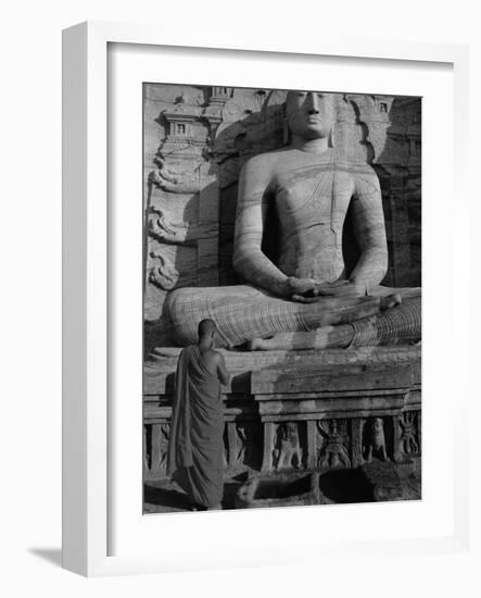 Monk in Front of the Seated Buddha Statue, Gol Vihara, Polonnaruwa, Sri Lanka, Asia-Bruno Morandi-Framed Photographic Print