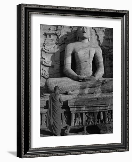 Monk in Front of the Seated Buddha Statue, Gol Vihara, Polonnaruwa, Sri Lanka, Asia-Bruno Morandi-Framed Photographic Print