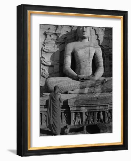 Monk in Front of the Seated Buddha Statue, Gol Vihara, Polonnaruwa, Sri Lanka, Asia-Bruno Morandi-Framed Photographic Print