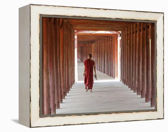 Monk in Walkway of Wooden Pillars To Temple, Salay, Myanmar (Burma)-Peter Adams-Framed Premier Image Canvas