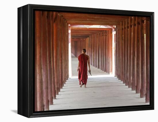 Monk in Walkway of Wooden Pillars To Temple, Salay, Myanmar (Burma)-Peter Adams-Framed Premier Image Canvas