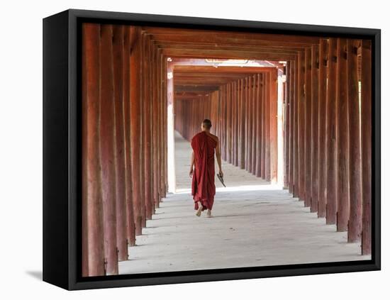 Monk in Walkway of Wooden Pillars To Temple, Salay, Myanmar (Burma)-Peter Adams-Framed Premier Image Canvas