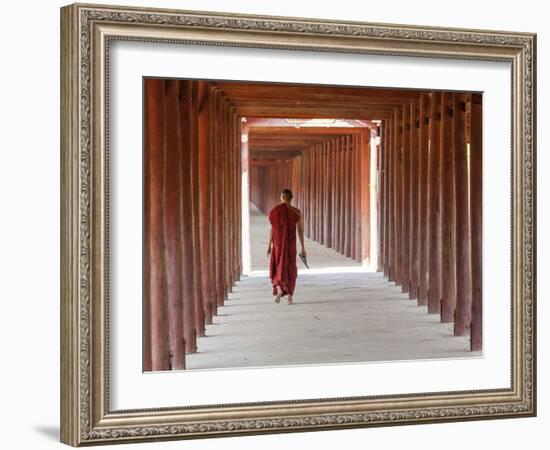 Monk in Walkway of Wooden Pillars To Temple, Salay, Myanmar (Burma)-Peter Adams-Framed Photographic Print