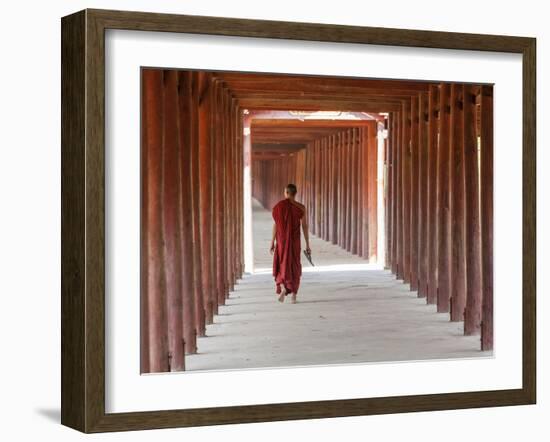 Monk in Walkway of Wooden Pillars To Temple, Salay, Myanmar (Burma)-Peter Adams-Framed Photographic Print