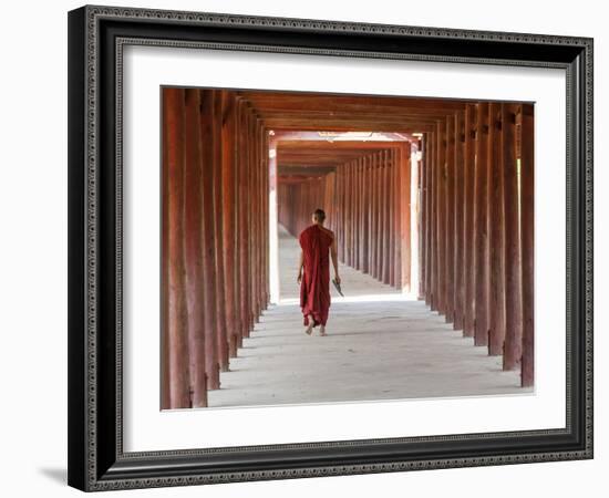 Monk in Walkway of Wooden Pillars To Temple, Salay, Myanmar (Burma)-Peter Adams-Framed Photographic Print