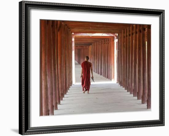Monk in Walkway of Wooden Pillars To Temple, Salay, Myanmar (Burma)-Peter Adams-Framed Photographic Print