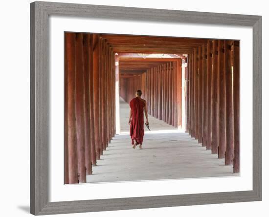 Monk in Walkway of Wooden Pillars To Temple, Salay, Myanmar (Burma)-Peter Adams-Framed Photographic Print