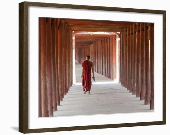 Monk in Walkway of Wooden Pillars To Temple, Salay, Myanmar (Burma)-Peter Adams-Framed Photographic Print