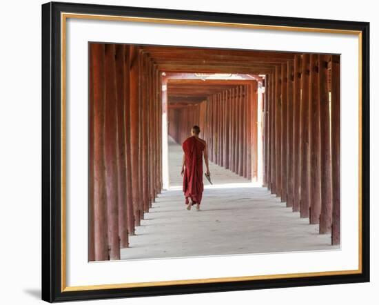 Monk in Walkway of Wooden Pillars To Temple, Salay, Myanmar (Burma)-Peter Adams-Framed Photographic Print