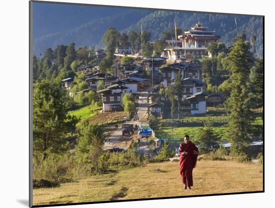 Monk Leaving Gangtey Dzong, and Village, Phobjikha Valley, Bhutan-Peter Adams-Mounted Photographic Print