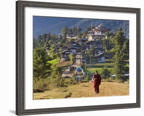 Monk Leaving Gangtey Dzong, and Village, Phobjikha Valley, Bhutan-Peter Adams-Framed Photographic Print