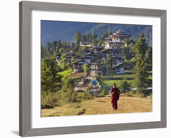 Monk Leaving Gangtey Dzong, and Village, Phobjikha Valley, Bhutan-Peter Adams-Framed Photographic Print