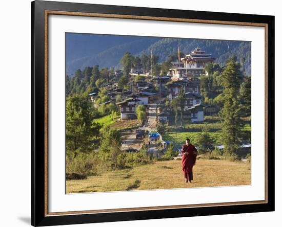 Monk Leaving Gangtey Dzong, and Village, Phobjikha Valley, Bhutan-Peter Adams-Framed Photographic Print