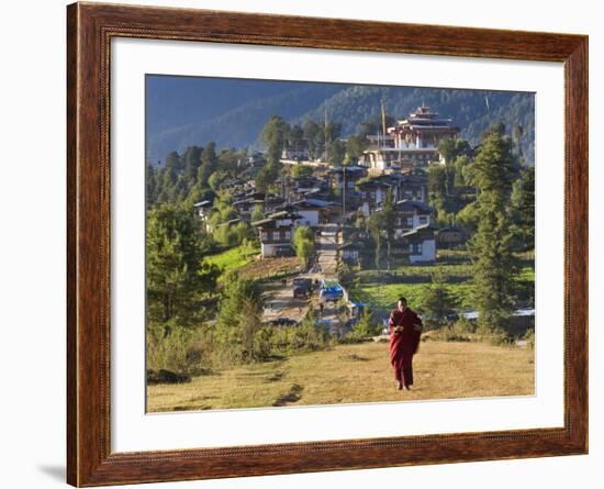 Monk Leaving Gangtey Dzong, and Village, Phobjikha Valley, Bhutan-Peter Adams-Framed Photographic Print