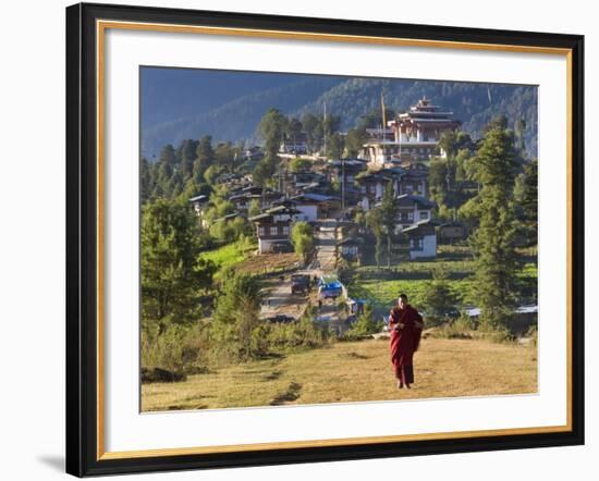 Monk Leaving Gangtey Dzong, and Village, Phobjikha Valley, Bhutan-Peter Adams-Framed Photographic Print