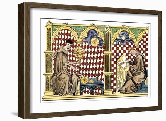 Monk Scholars - a Mathematician Studying a Globe, the Other Copying a Manuscript, 1200s-null-Framed Giclee Print