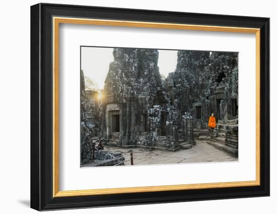 Monk Sitting Sitting in the Bayon Temple, Angkor, Siem Reap, Cambodia, Indochina-Jordan Banks-Framed Photographic Print