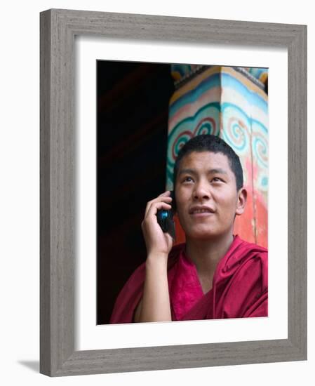 Monk Using Cell Phone in Qiangbalin Temple, Chamdo, Tibet, China-Keren Su-Framed Photographic Print