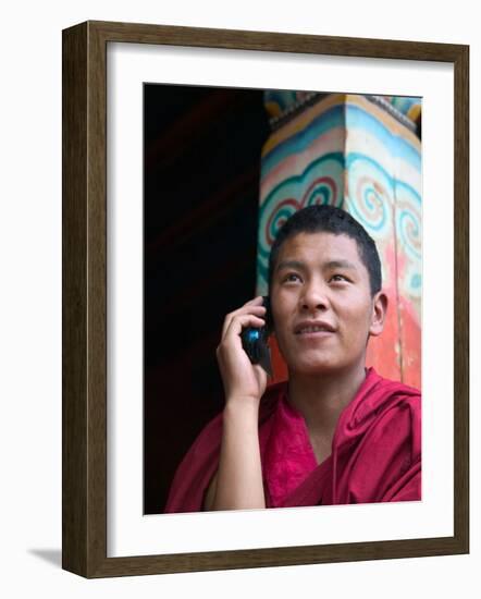 Monk Using Cell Phone in Qiangbalin Temple, Chamdo, Tibet, China-Keren Su-Framed Photographic Print