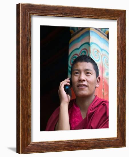 Monk Using Cell Phone in Qiangbalin Temple, Chamdo, Tibet, China-Keren Su-Framed Photographic Print