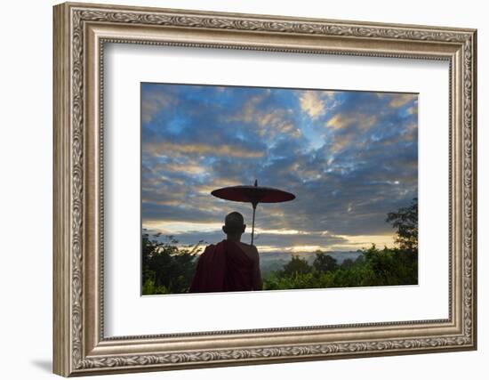 Monk watching ancient temple and pagoda at sunrise, Mrauk-U, Rakhine State, Myanmar-Keren Su-Framed Photographic Print