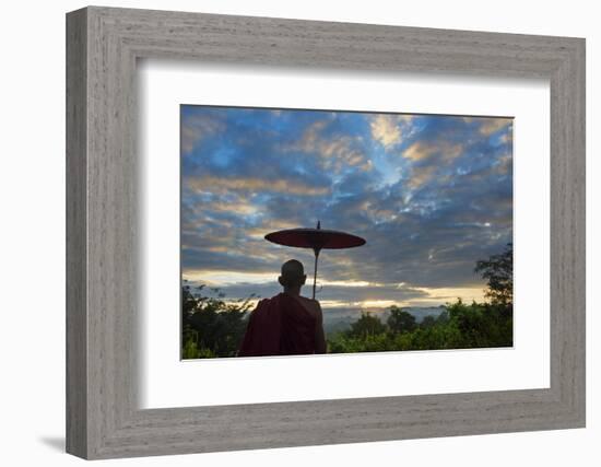 Monk watching ancient temple and pagoda at sunrise, Mrauk-U, Rakhine State, Myanmar-Keren Su-Framed Photographic Print