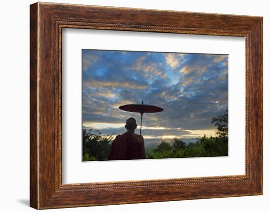 Monk watching ancient temple and pagoda at sunrise, Mrauk-U, Rakhine State, Myanmar-Keren Su-Framed Photographic Print