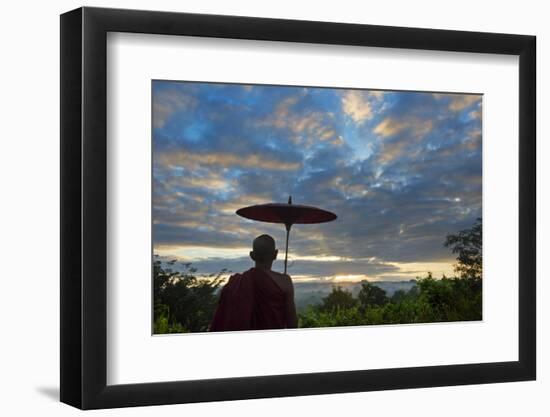 Monk watching ancient temple and pagoda at sunrise, Mrauk-U, Rakhine State, Myanmar-Keren Su-Framed Photographic Print