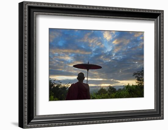 Monk watching ancient temple and pagoda at sunrise, Mrauk-U, Rakhine State, Myanmar-Keren Su-Framed Photographic Print