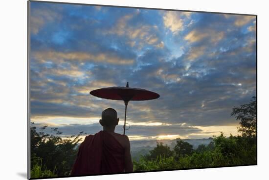 Monk watching ancient temple and pagoda at sunrise, Mrauk-U, Rakhine State, Myanmar-Keren Su-Mounted Photographic Print