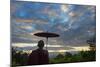 Monk watching ancient temple and pagoda at sunrise, Mrauk-U, Rakhine State, Myanmar-Keren Su-Mounted Photographic Print