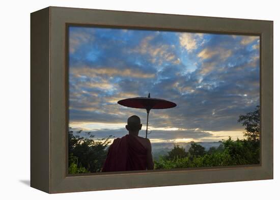 Monk watching ancient temple and pagoda at sunrise, Mrauk-U, Rakhine State, Myanmar-Keren Su-Framed Premier Image Canvas