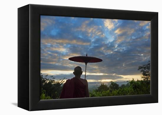 Monk watching ancient temple and pagoda at sunrise, Mrauk-U, Rakhine State, Myanmar-Keren Su-Framed Premier Image Canvas