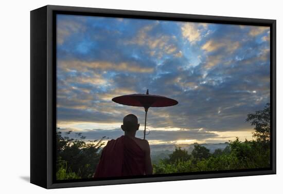 Monk watching ancient temple and pagoda at sunrise, Mrauk-U, Rakhine State, Myanmar-Keren Su-Framed Premier Image Canvas