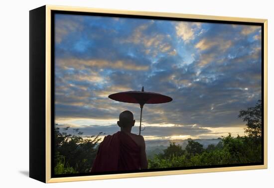 Monk watching ancient temple and pagoda at sunrise, Mrauk-U, Rakhine State, Myanmar-Keren Su-Framed Premier Image Canvas