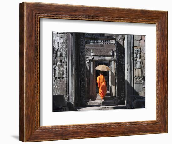 Monk with Buddhist Statues in Banteay Kdei, Cambodia-Keren Su-Framed Photographic Print