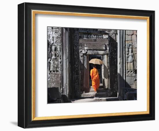 Monk with Buddhist Statues in Banteay Kdei, Cambodia-Keren Su-Framed Photographic Print