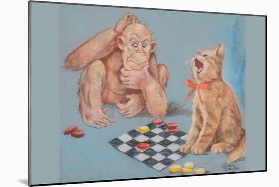 Monkey and Cat Playing Checkers-Peter Driben-Mounted Art Print