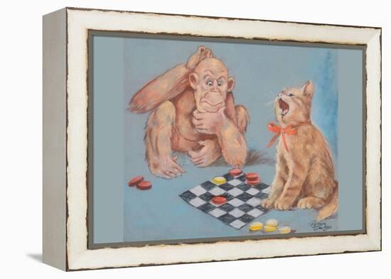 Monkey and Cat Playing Checkers-Peter Driben-Framed Stretched Canvas