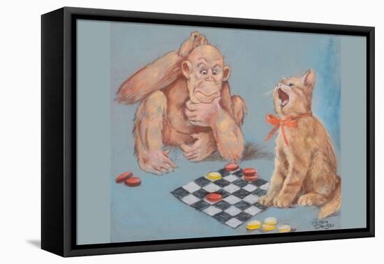 Monkey and Cat Playing Checkers-Peter Driben-Framed Stretched Canvas