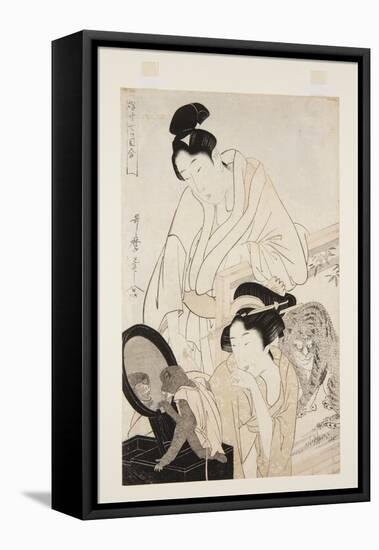 Monkey and Tiger (Colour Woodblock Print)-Kitagawa Utamaro-Framed Premier Image Canvas