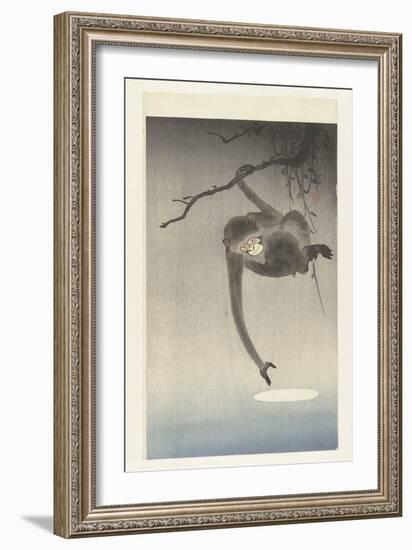 Monkey Reaches for Reflection of the Moon, 1900-36 (Colour Woodcut)-Ohara Koson-Framed Giclee Print