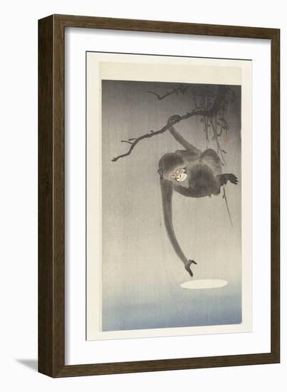 Monkey Reaches for Reflection of the Moon, 1900-36 (Colour Woodcut)-Ohara Koson-Framed Giclee Print