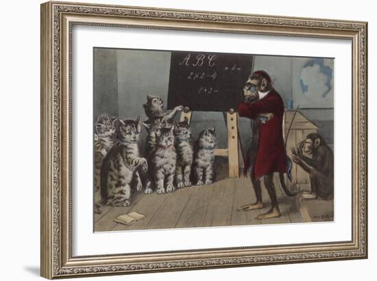 Monkey Teaching a Class of Kittens-null-Framed Giclee Print